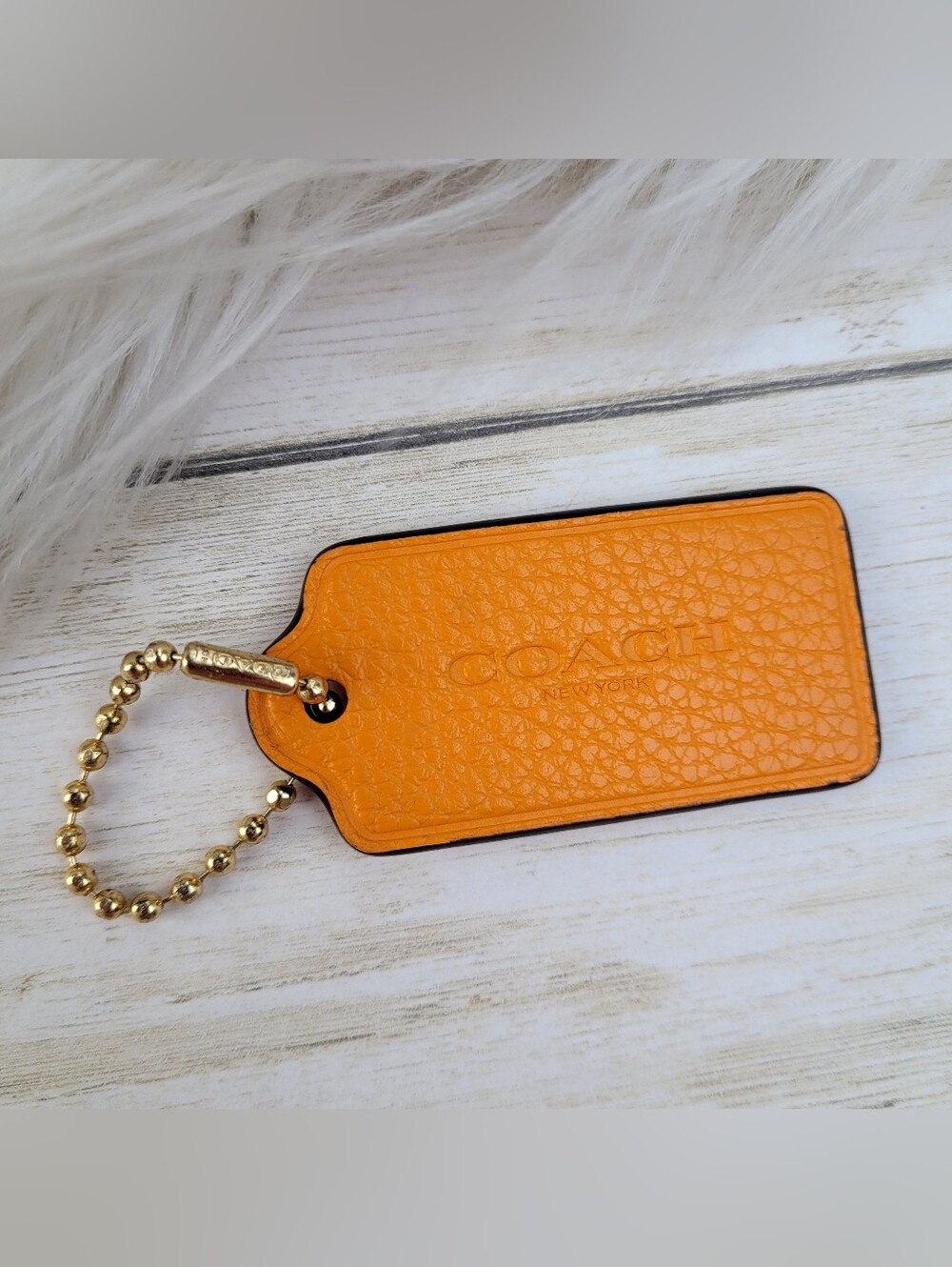 COACH New York Hang Tag Charm Purse Orange Pebble Leather Gold Tone Ball Chain